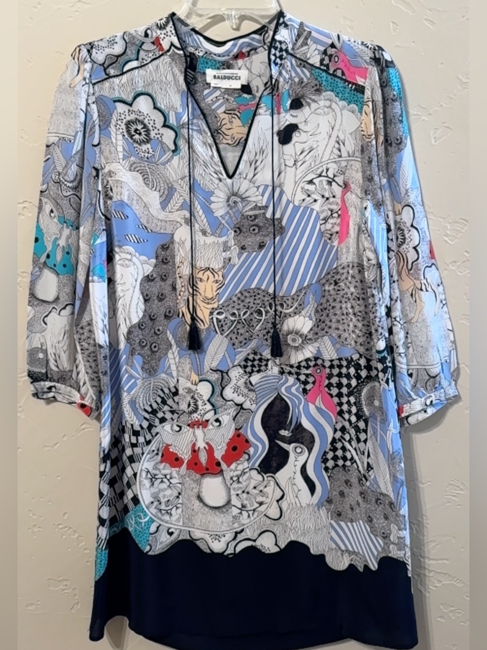 Anthropologie Multicolor Printed V-Neck Mini Dress with Blk Hem